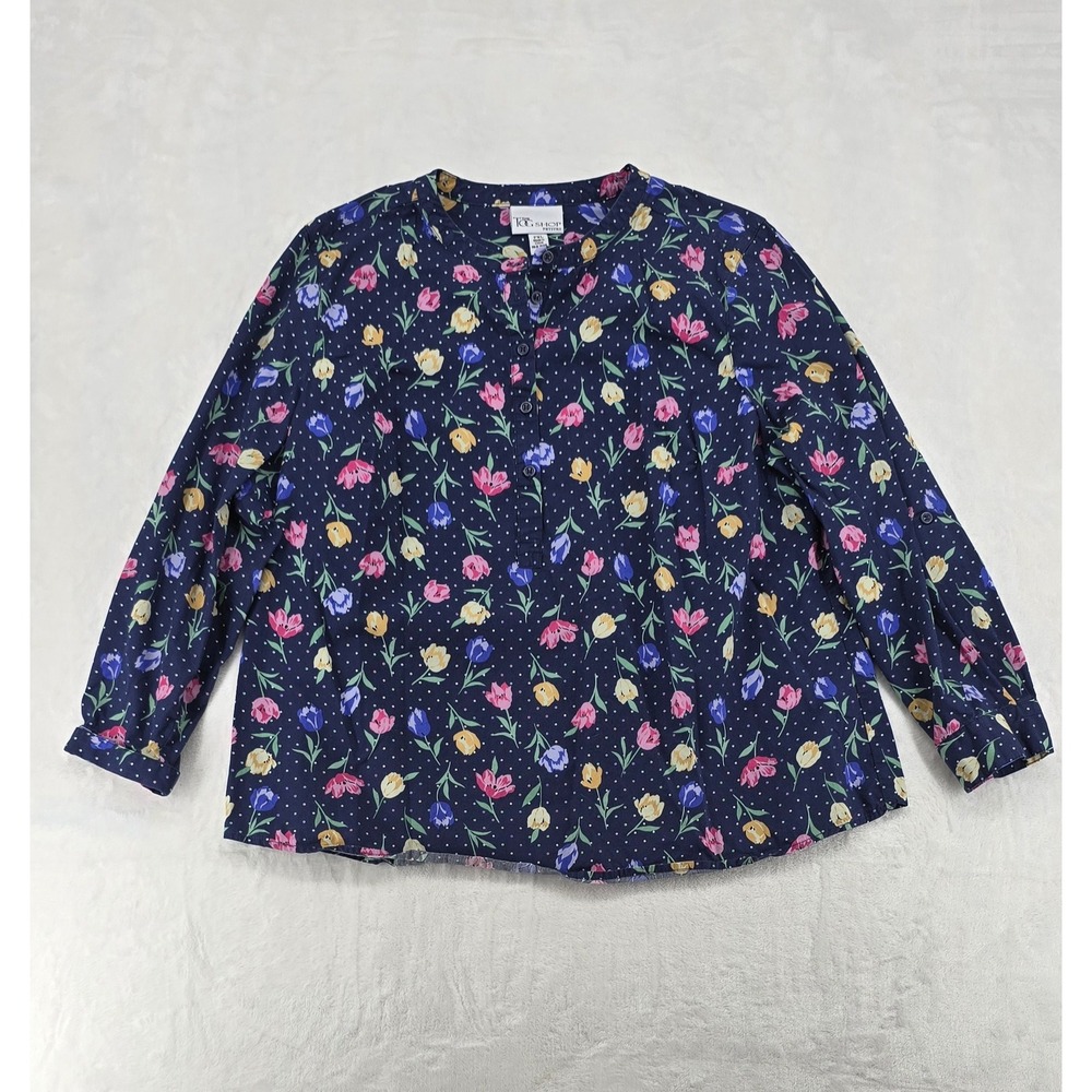 The Tog Shop Blouse Womens PXL Shirt Navy Blue Floral Tulip Polka Dot Cotton PXL